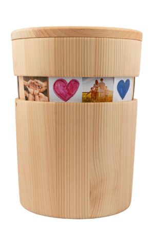 H-117 BILDER  Holzurne, runde Form, Weymouthskiefer, Natur gebuttert, Fräsung Bilder