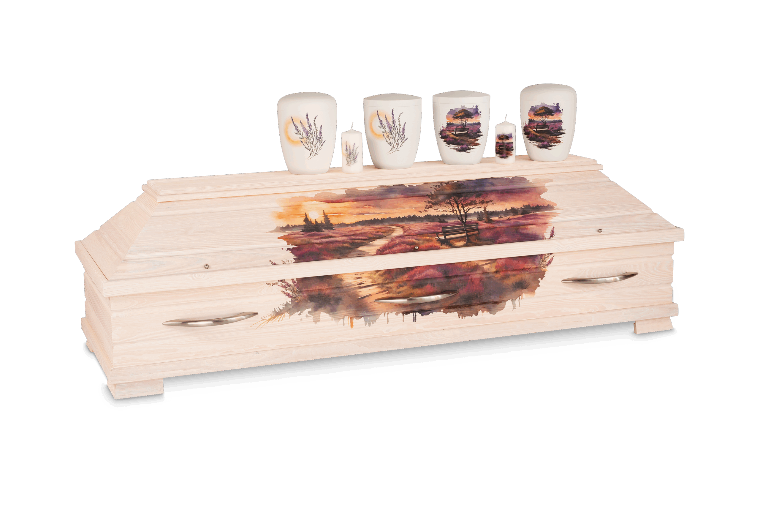 "Heide" - Set, ein Sarg + 1x Urne + 1x Kerze