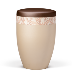 30116 - Naturstoffurne, Perlbeige Dekor "Graspapier" - Gräser, Deckel Kastanienbraun